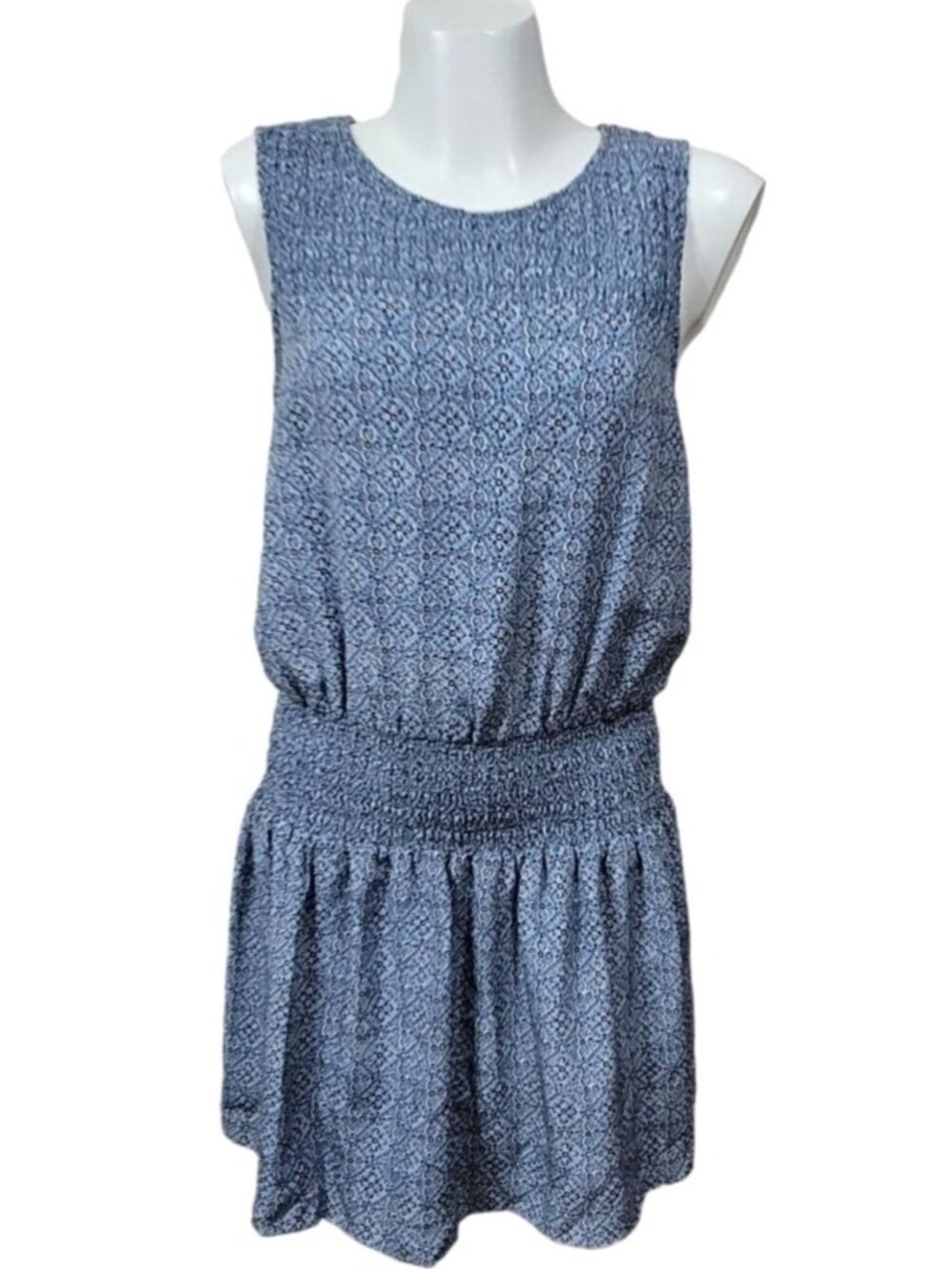 Joie L Silk Dress "Kiernan" Tile Print Drop Waist Blouson Dress Blue